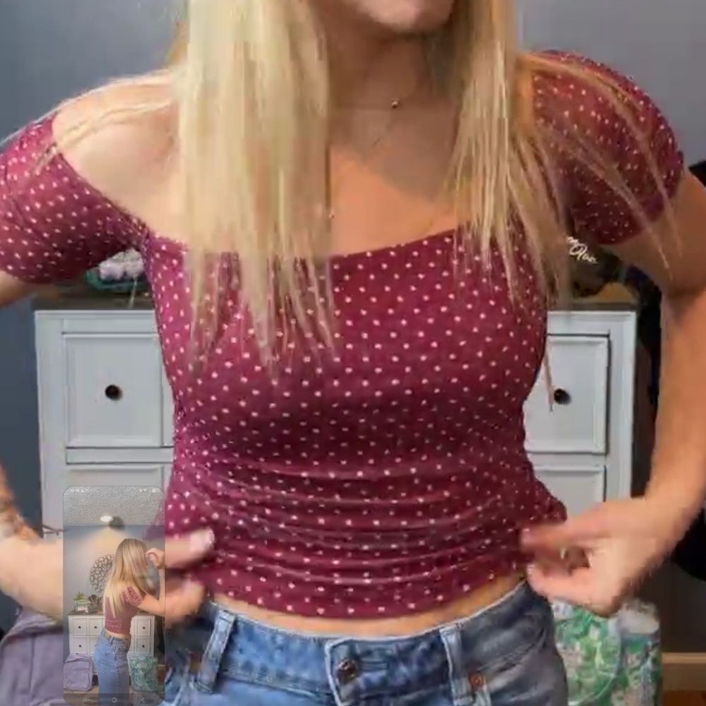 Anthropologie Wine Red Polka Dot Off-Shoulder Crop Top